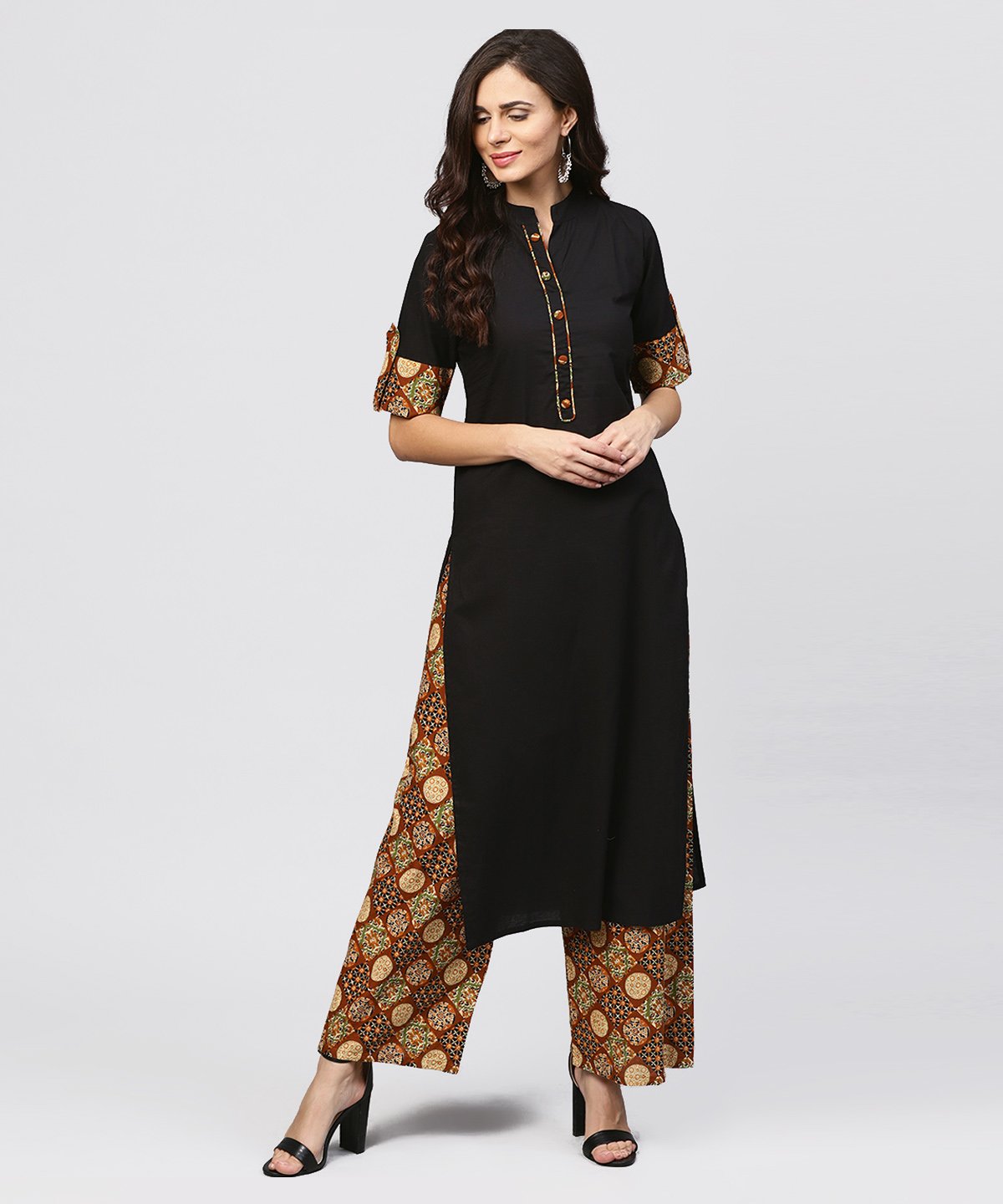 Madarin Collar And Front Placket Cotton Kurta With Ankle Length Printed Palazzo | LASVINI - Redefining Indian Fashion with Elegance