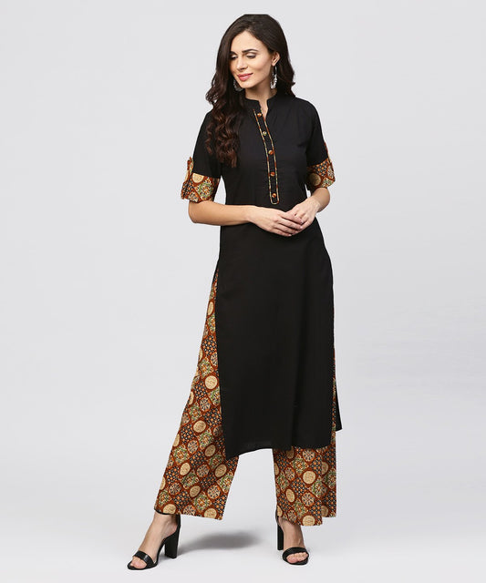 Madarin Collar And Front Placket Cotton Kurta With Ankle Length Printed Palazzo | LASVINI - Redefining Indian Fashion with Elegance