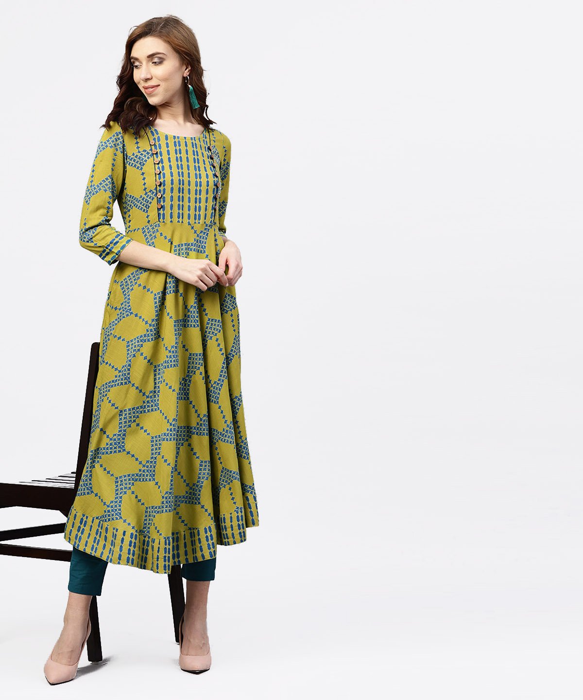 Green Printed 3/4 Sleeves Kurta With Front Yoke And Round Neck | LASVINI - Redefining Indian Fashion with Elegance