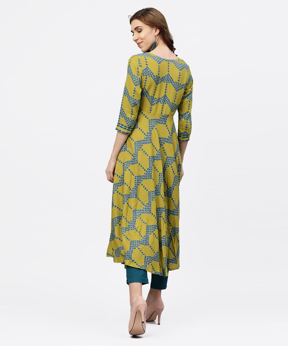 Green Printed 3/4 Sleeves Kurta With Front Yoke And Round Neck | LASVINI - Redefining Indian Fashion with Elegance