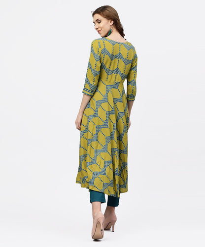 Green Printed 3/4 Sleeves Kurta With Front Yoke And Round Neck | LASVINI - Redefining Indian Fashion with Elegance