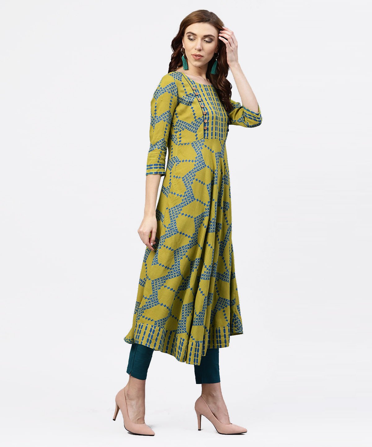 Green Printed 3/4 Sleeves Kurta With Front Yoke And Round Neck | LASVINI - Redefining Indian Fashion with Elegance