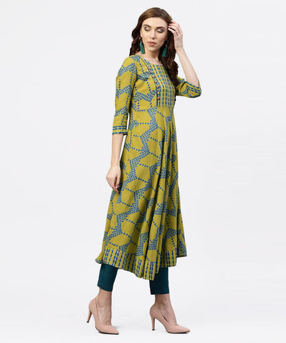 Green Printed 3/4 Sleeves Kurta With Front Yoke And Round Neck | LASVINI - Redefining Indian Fashion with Elegance