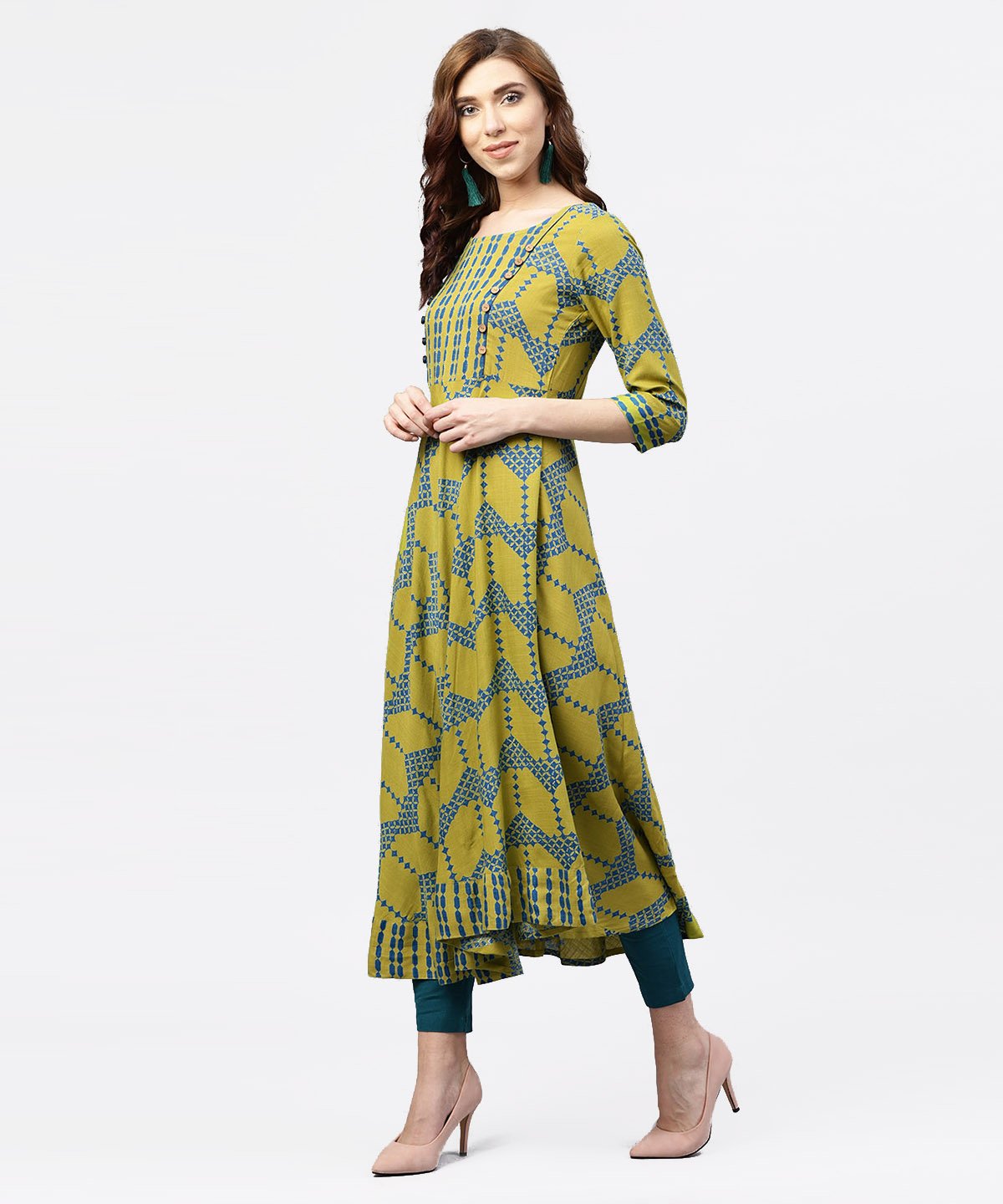 Green Printed 3/4 Sleeves Kurta With Front Yoke And Round Neck | LASVINI - Redefining Indian Fashion with Elegance