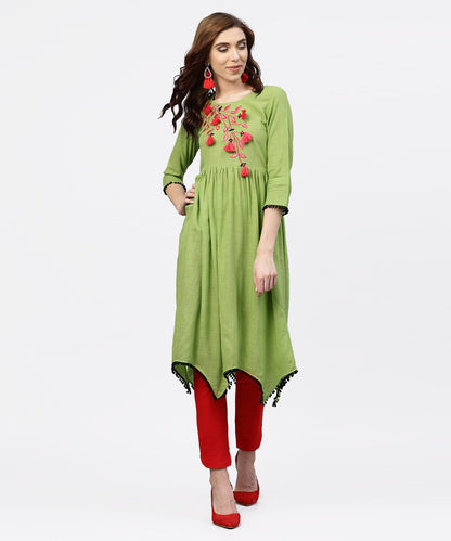Parrot Green Embroidered A-Line Kurta With  Round Neck And 3/4 Sleeves | LASVINI - Redefining Indian Fashion with Elegance