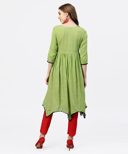 Parrot Green Embroidered A-Line Kurta With  Round Neck And 3/4 Sleeves | LASVINI - Redefining Indian Fashion with Elegance