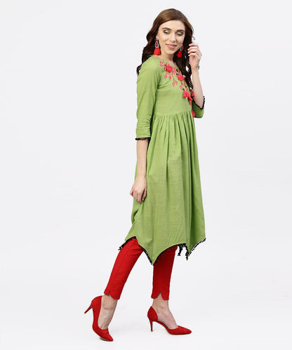 Parrot Green Embroidered A-Line Kurta With  Round Neck And 3/4 Sleeves | LASVINI - Redefining Indian Fashion with Elegance
