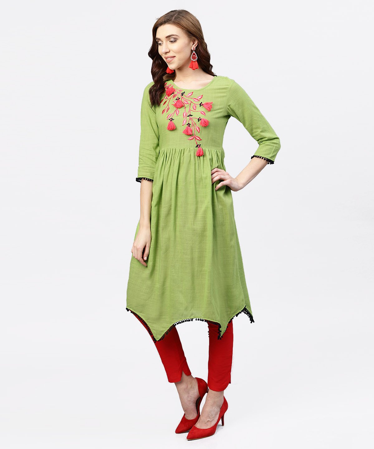 Parrot Green Embroidered A-Line Kurta With  Round Neck And 3/4 Sleeves | LASVINI - Redefining Indian Fashion with Elegance
