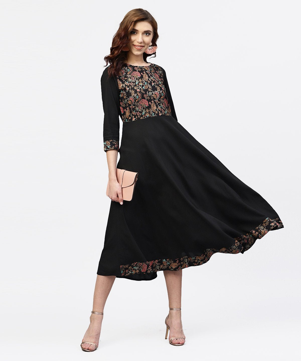 Black Printed Maxi Dress With Round Neck And Full Sleeves | LASVINI - Redefining Indian Fashion with Elegance