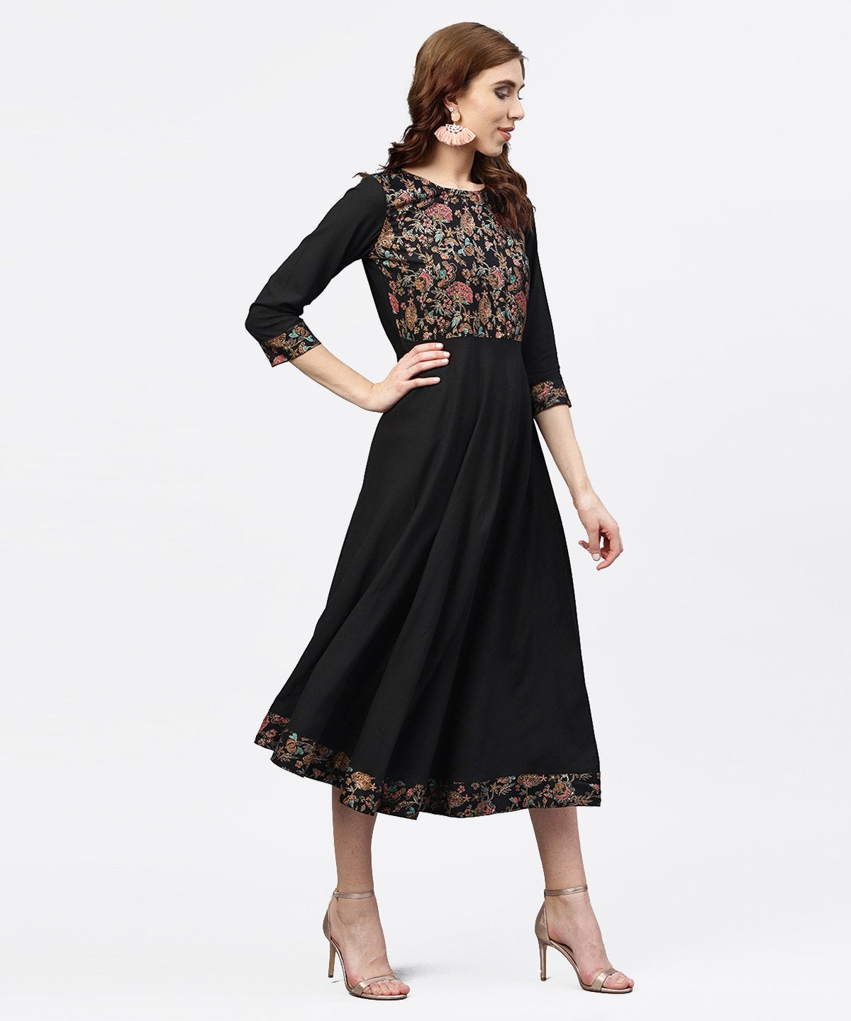 Black Printed Maxi Dress With Round Neck And Full Sleeves | LASVINI - Redefining Indian Fashion with Elegance
