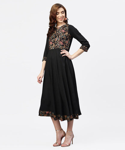 Black Printed Maxi Dress With Round Neck And Full Sleeves | LASVINI - Redefining Indian Fashion with Elegance