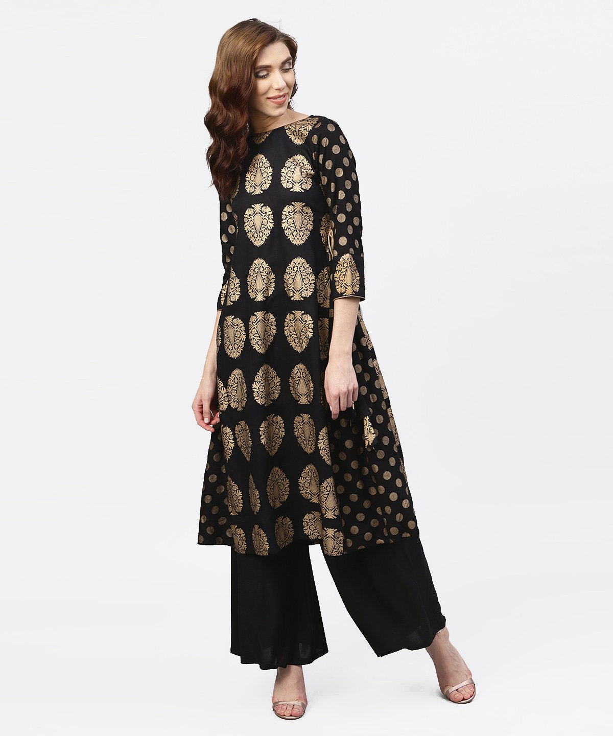 Black And Gold Printed Kurta With Round Neck And Full Sleeves | LASVINI - Redefining Indian Fashion with Elegance