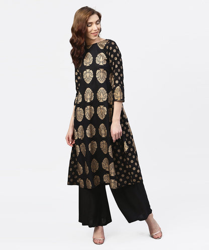 Black And Gold Printed Kurta With Round Neck And Full Sleeves | LASVINI - Redefining Indian Fashion with Elegance