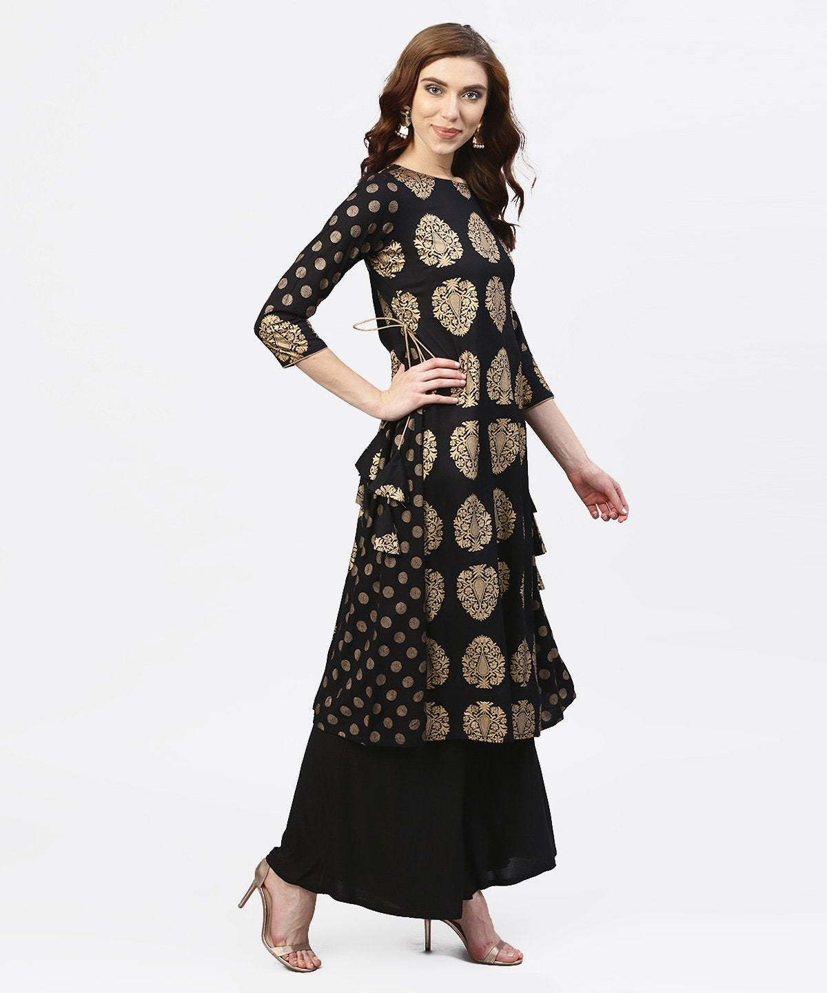 Black And Gold Printed Kurta With Round Neck And Full Sleeves | LASVINI - Redefining Indian Fashion with Elegance