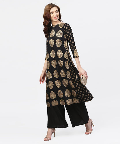 Black And Gold Printed Kurta With Round Neck And Full Sleeves | LASVINI - Redefining Indian Fashion with Elegance