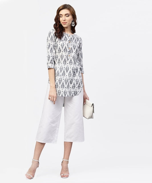 Off White Printed Long Top With Front Placket And 3/4 Sleeves | LASVINI - Redefining Indian Fashion with Elegance