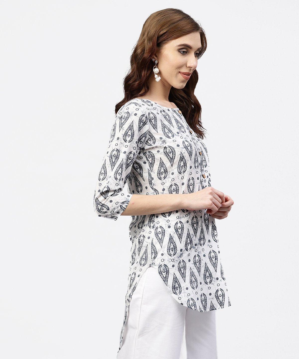 Off White Printed Long Top With Front Placket And 3/4 Sleeves | LASVINI - Redefining Indian Fashion with Elegance