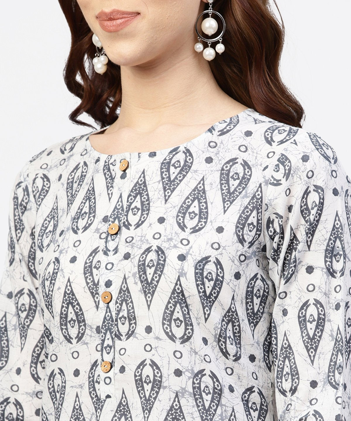 Off White Printed Long Top With Front Placket And 3/4 Sleeves | LASVINI - Redefining Indian Fashion with Elegance