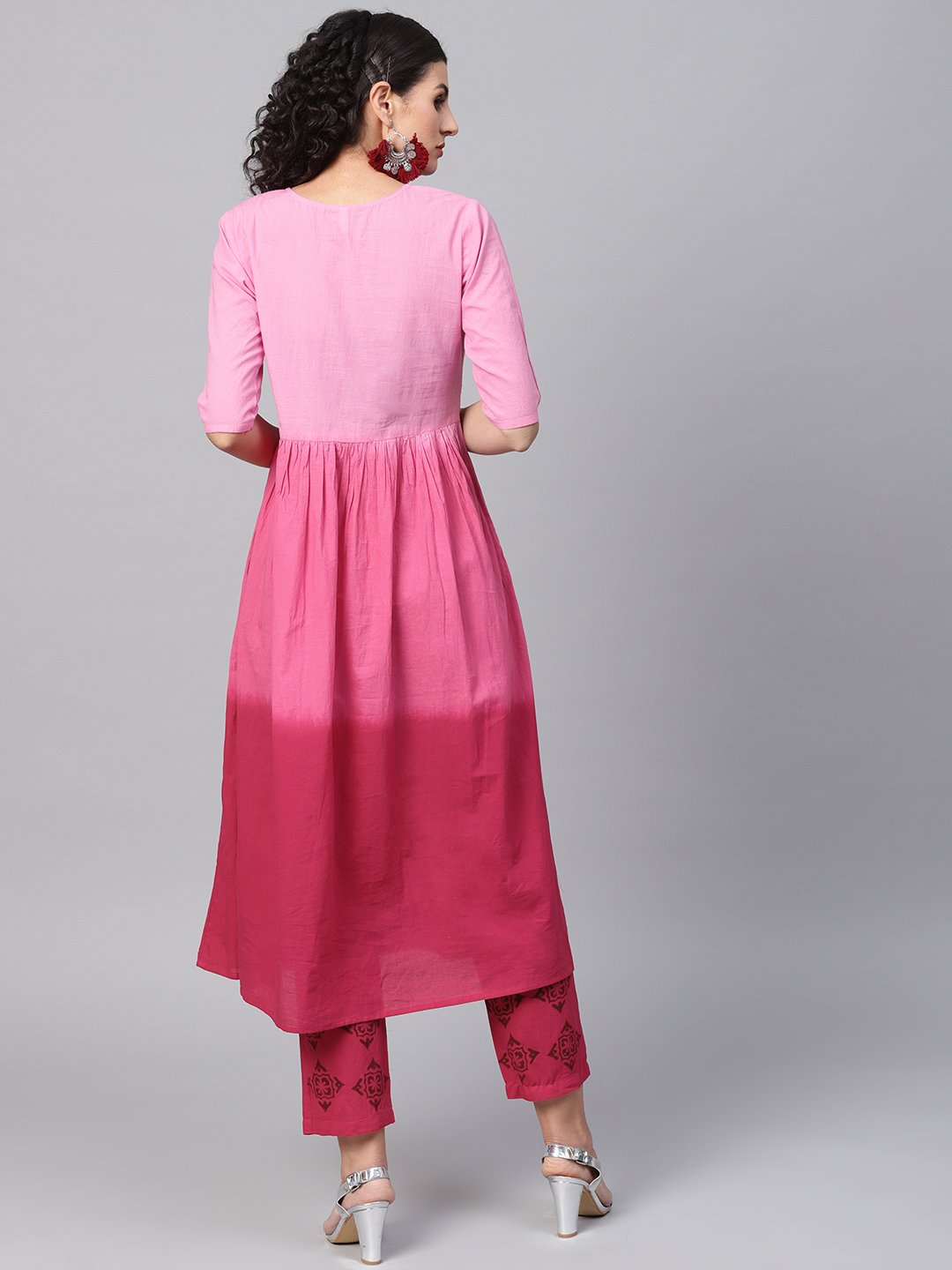 Pink Ombre Dyed Half Sleeve A-Line Kurta With Pink Ankle Length Palazzo | LASVINI - Redefining Indian Fashion with Elegance