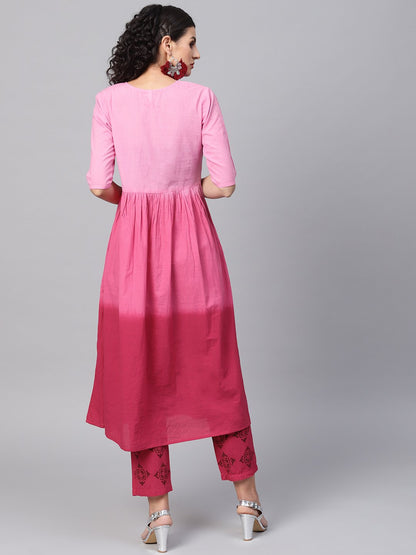 Pink Ombre Dyed Half Sleeve A-Line Kurta With Pink Ankle Length Palazzo | LASVINI - Redefining Indian Fashion with Elegance