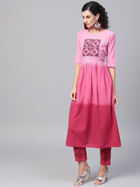 Pink Ombre Dyed Half Sleeve A-Line Kurta With Pink Ankle Length Palazzo | LASVINI - Redefining Indian Fashion with Elegance