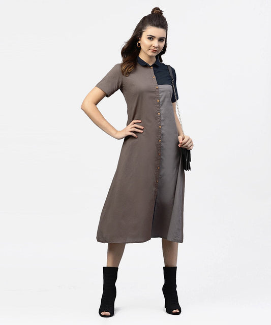 Grey And Blue Color Blocking A-Line Dress With Shirt Collar And Half Sleeves | LASVINI - Redefining Indian Fashion with Elegance