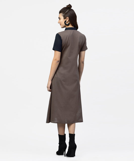 Grey And Blue Color Blocking A-Line Dress With Shirt Collar And Half Sleeves | LASVINI - Redefining Indian Fashion with Elegance