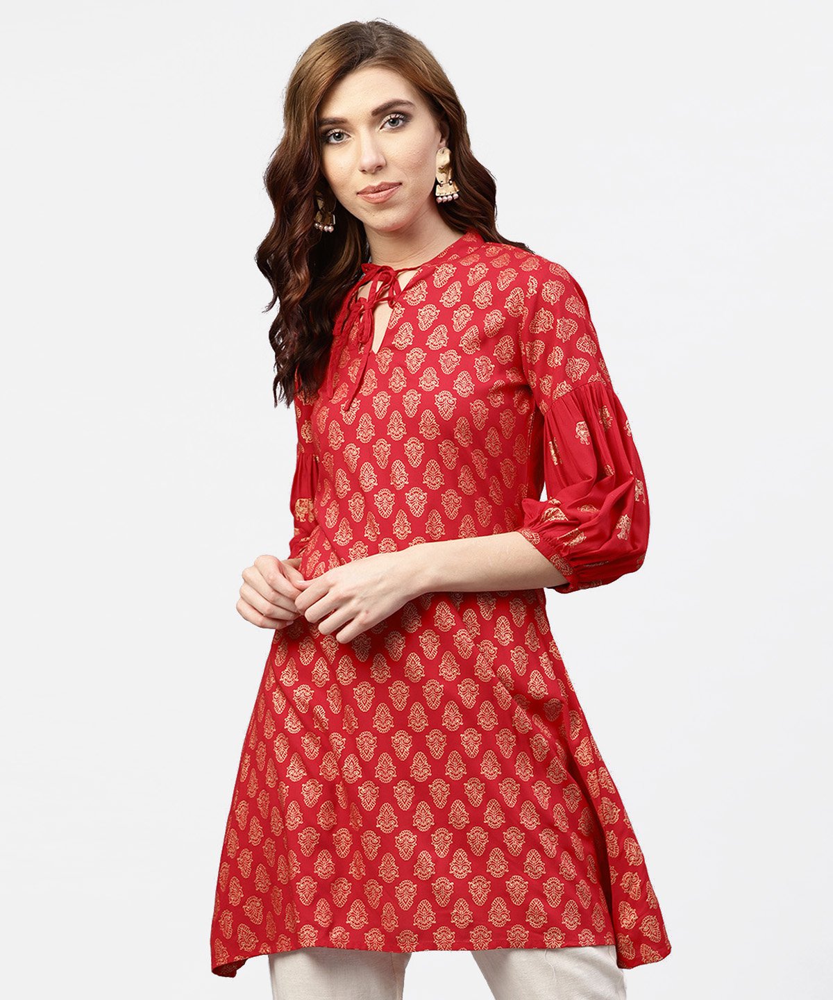 Red Printed Short Kurta With Key Hole Neck And 3/4 Sleeves | LASVINI - Redefining Indian Fashion with Elegance