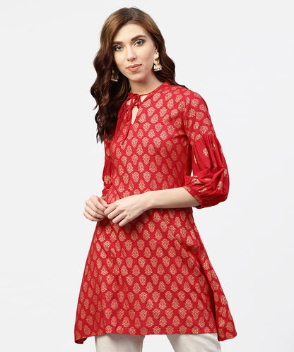 Red Printed Short Kurta With Key Hole Neck And 3/4 Sleeves | LASVINI - Redefining Indian Fashion with Elegance