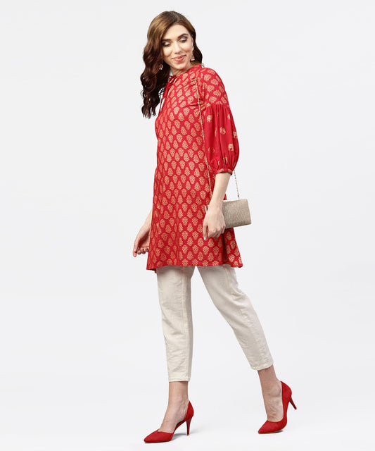 Red Printed Short Kurta With Key Hole Neck And 3/4 Sleeves | LASVINI - Redefining Indian Fashion with Elegance