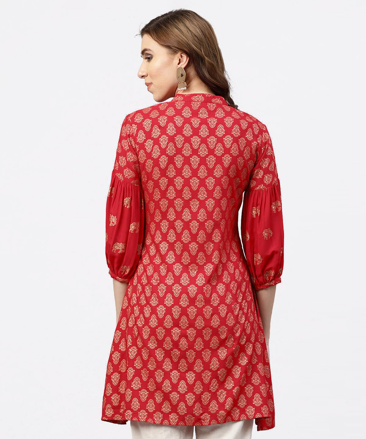Red Printed Short Kurta With Key Hole Neck And 3/4 Sleeves | LASVINI - Redefining Indian Fashion with Elegance