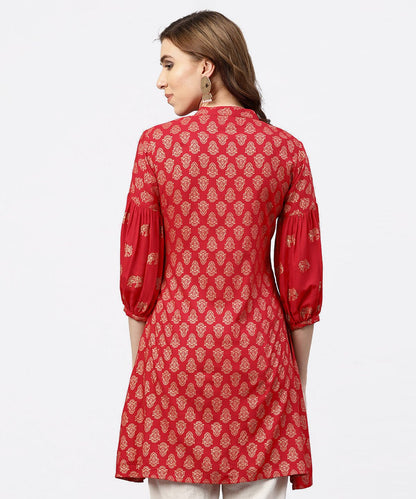 Red Printed Short Kurta With Key Hole Neck And 3/4 Sleeves | LASVINI - Redefining Indian Fashion with Elegance