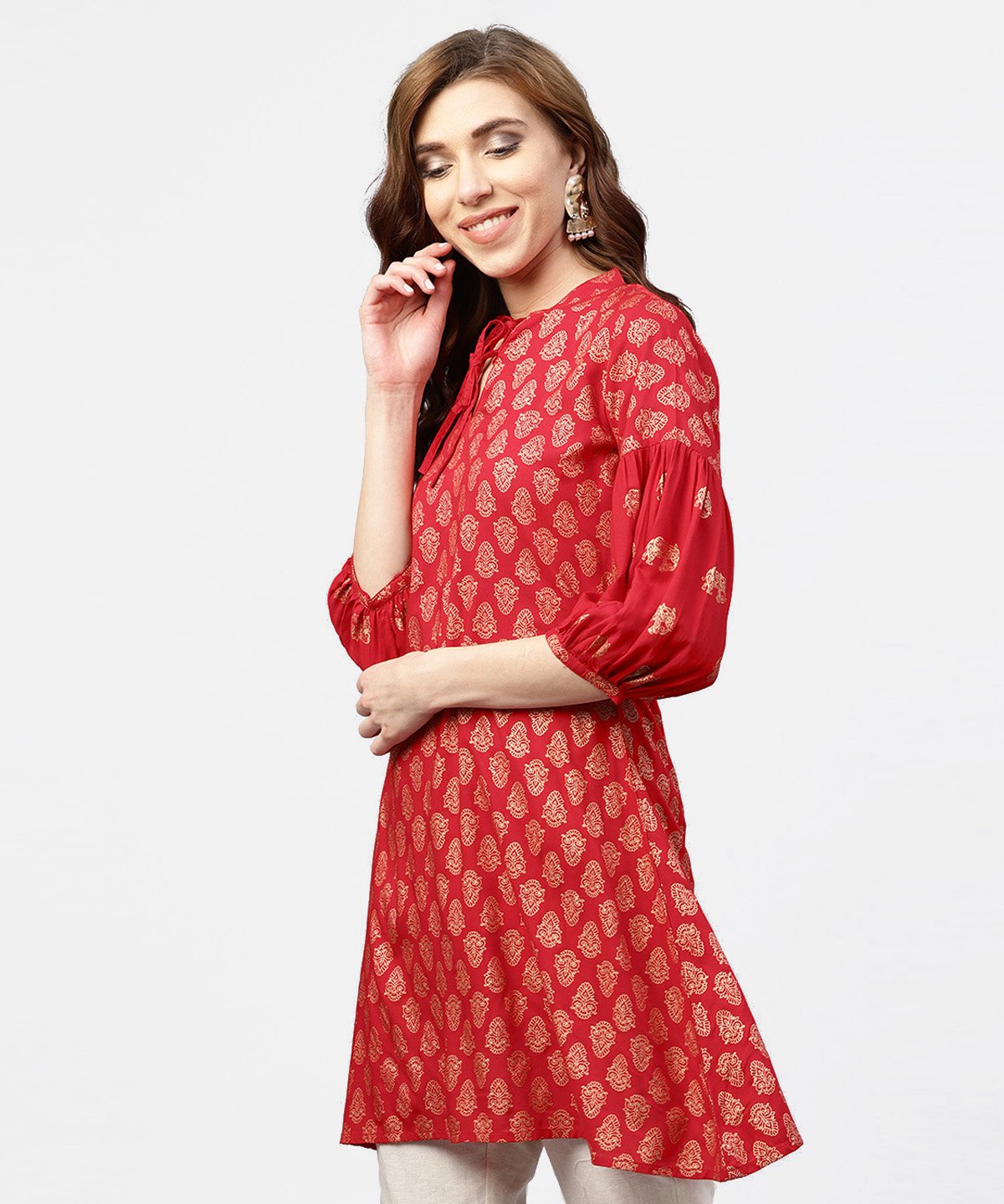 Red Printed Short Kurta With Key Hole Neck And 3/4 Sleeves | LASVINI - Redefining Indian Fashion with Elegance