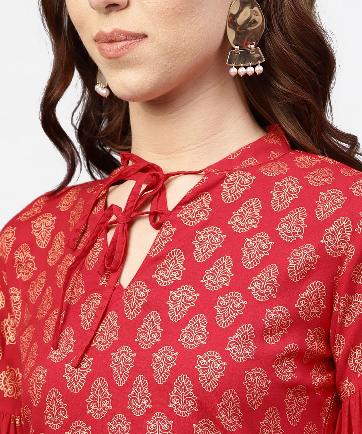 Red Printed Short Kurta With Key Hole Neck And 3/4 Sleeves | LASVINI - Redefining Indian Fashion with Elegance