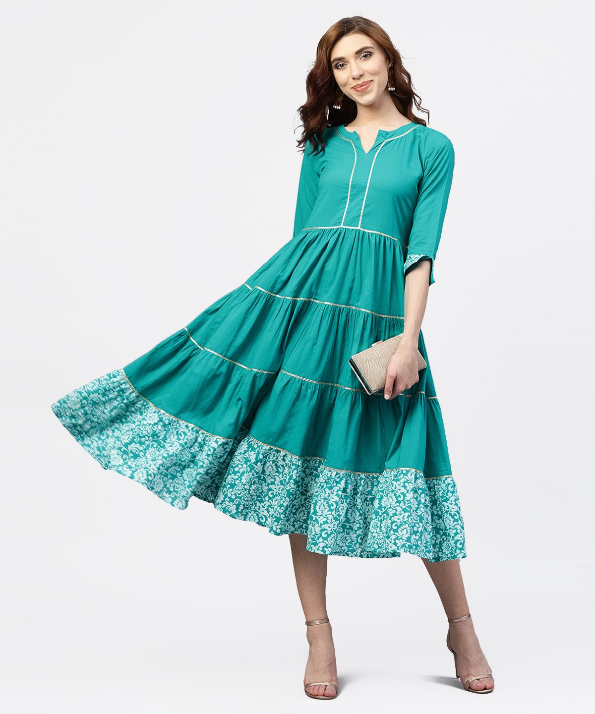 Turquoise Blue Tiered Dress With Round Neck And 3/4 Sleeves | LASVINI - Redefining Indian Fashion with Elegance