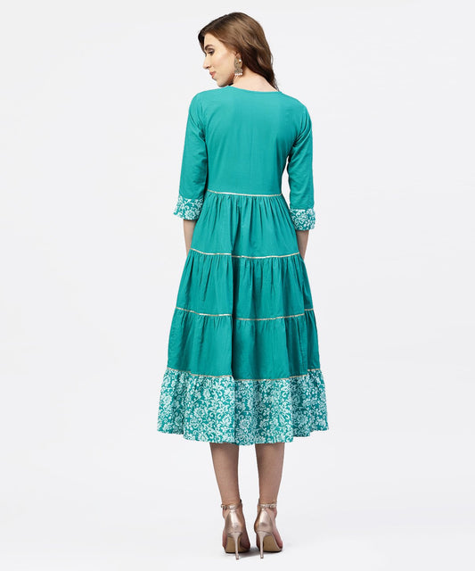 Turquoise Blue Tiered Dress With Round Neck And 3/4 Sleeves | LASVINI - Redefining Indian Fashion with Elegance