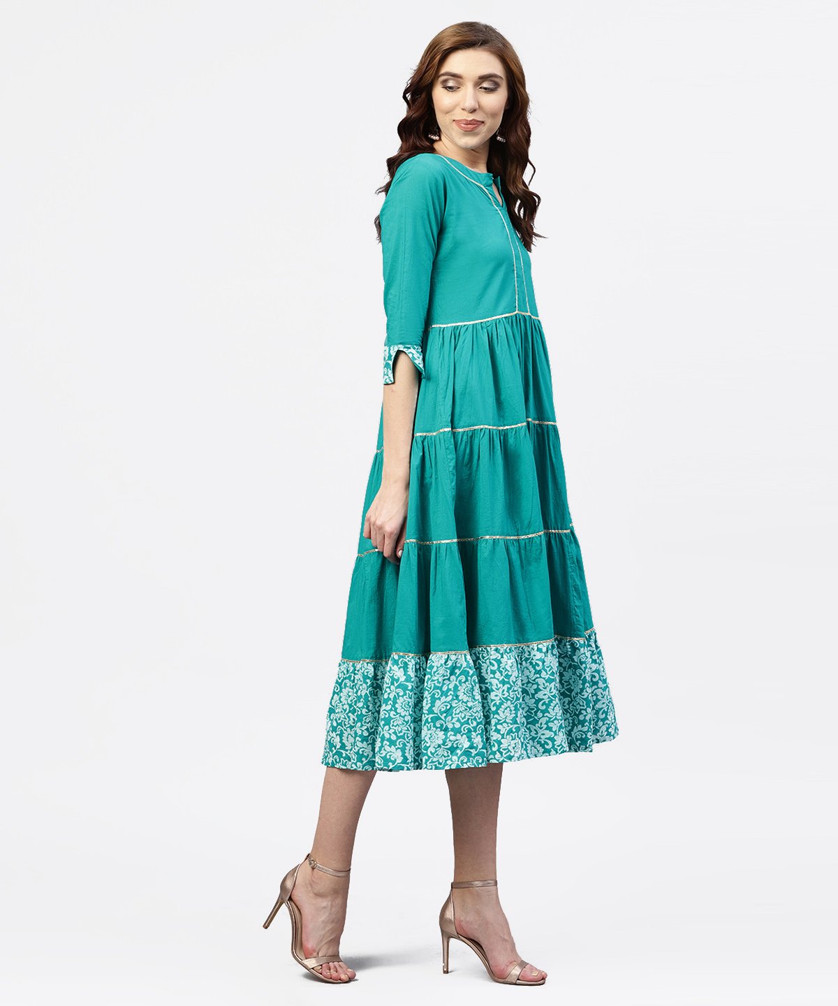 Turquoise Blue Tiered Dress With Round Neck And 3/4 Sleeves | LASVINI - Redefining Indian Fashion with Elegance