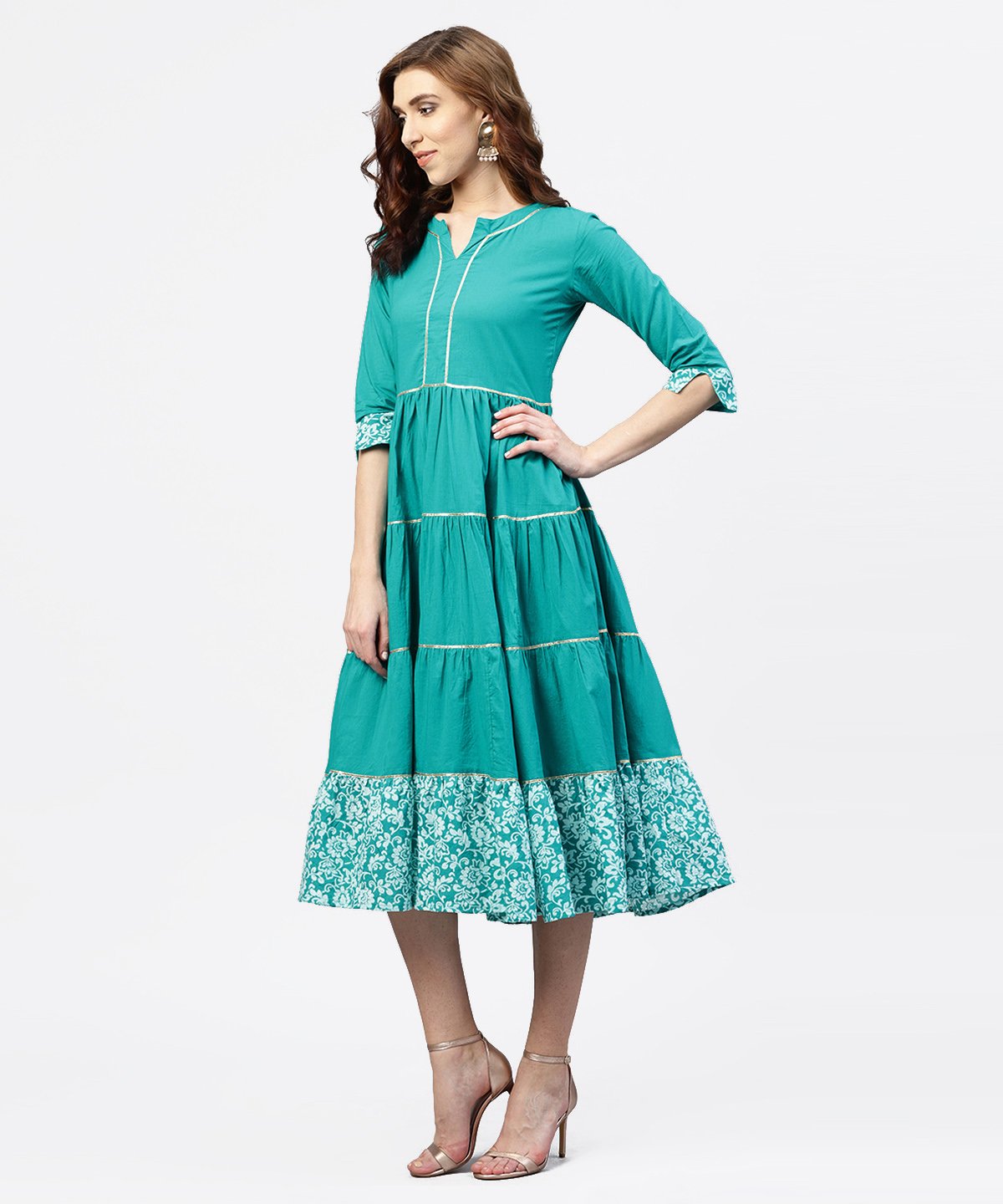 Turquoise Blue Tiered Dress With Round Neck And 3/4 Sleeves | LASVINI - Redefining Indian Fashion with Elegance