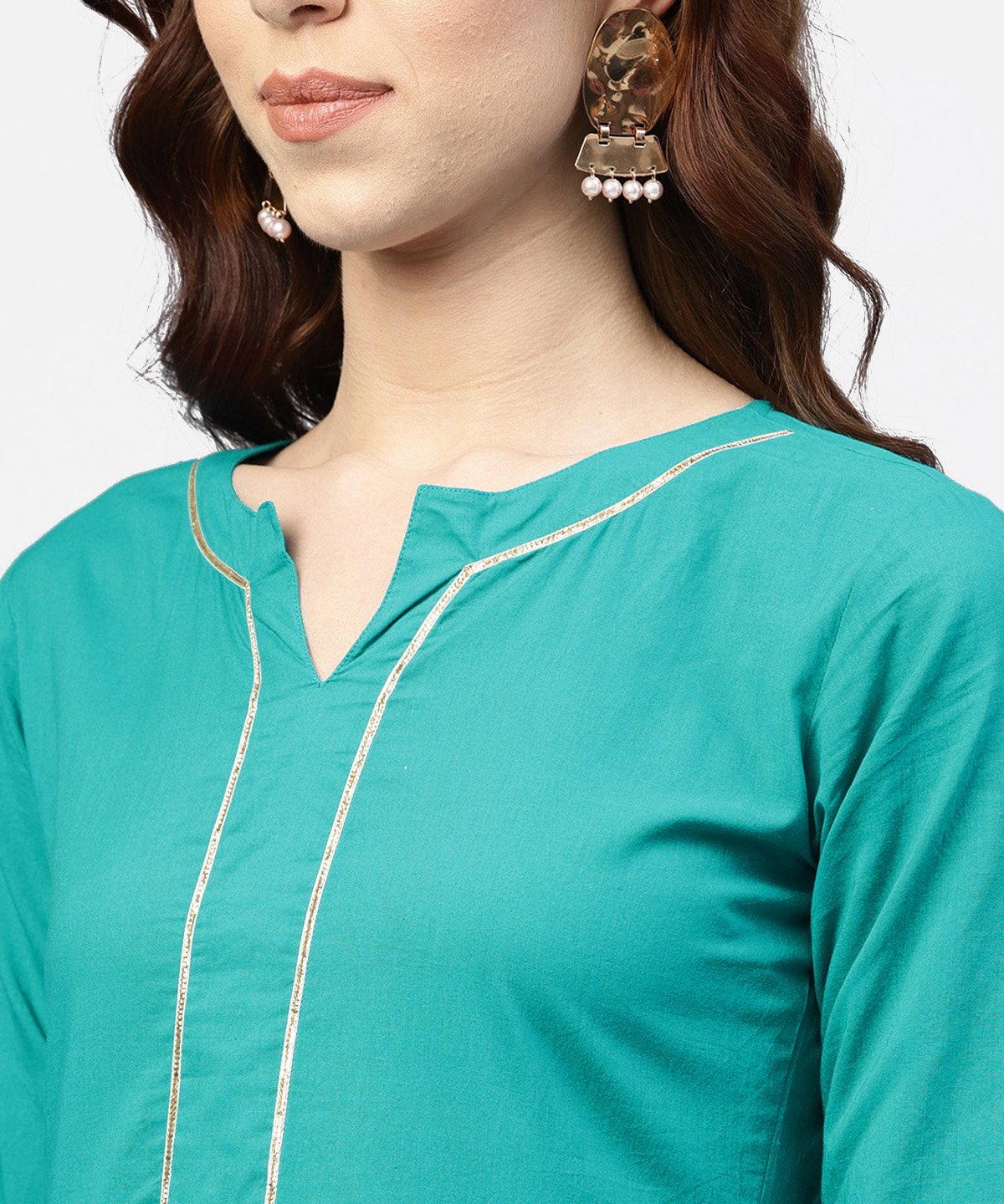 Turquoise Blue Tiered Dress With Round Neck And 3/4 Sleeves | LASVINI - Redefining Indian Fashion with Elegance