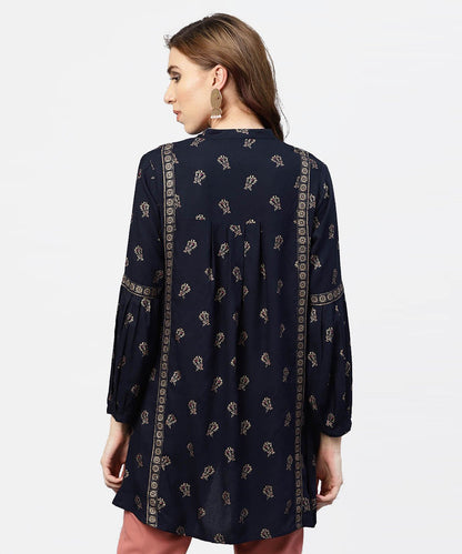 Navy Blue Printed Full Sleeve Tunic With Mandarin Collar | LASVINI - Redefining Indian Fashion with Elegance