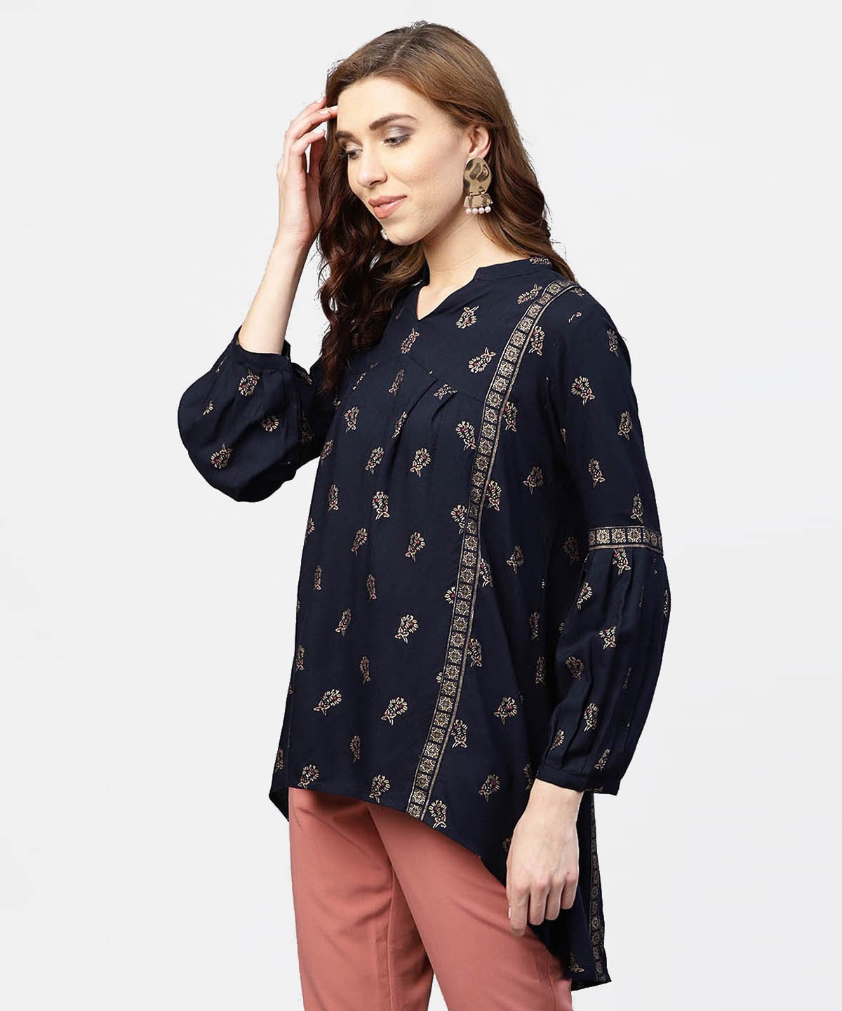 Navy Blue Printed Full Sleeve Tunic With Mandarin Collar | LASVINI - Redefining Indian Fashion with Elegance