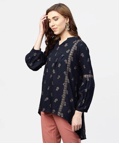 Navy Blue Printed Full Sleeve Tunic With Mandarin Collar | LASVINI - Redefining Indian Fashion with Elegance