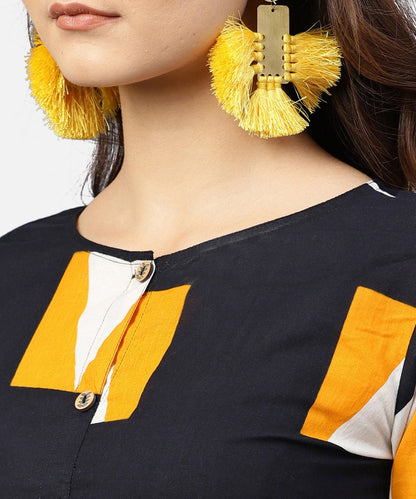 Black Round Neck Printed Dress With Front Placket And 3/4 Sleeves | LASVINI - Redefining Indian Fashion with Elegance