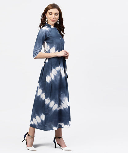 Navy Blue 3/4Th Sleeve Tie Dye Printed Cotton A-Line Maxi Dress With Belt | LASVINI - Redefining Indian Fashion with Elegance