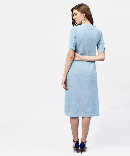 Blue Printed 3/4Th Sleeve Cotton A-Line Dress | LASVINI - Redefining Indian Fashion with Elegance