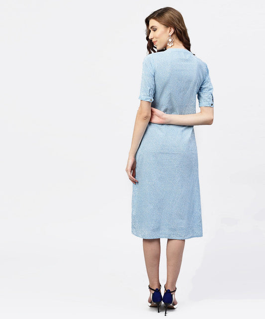 Blue Printed 3/4Th Sleeve Cotton A-Line Dress | LASVINI - Redefining Indian Fashion with Elegance