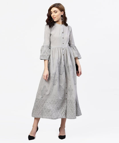 Off White Block Printed 3/4Th Sleeve Maxi Dress In Handloom Fabric | LASVINI - Redefining Indian Fashion with Elegance