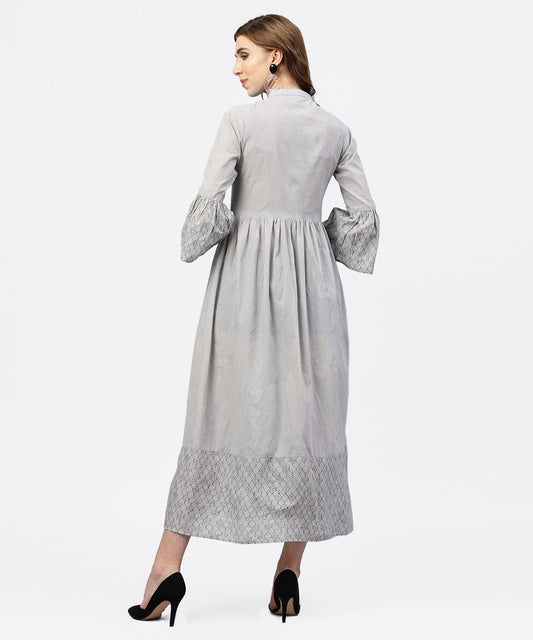 Off White Block Printed 3/4Th Sleeve Maxi Dress In Handloom Fabric | LASVINI - Redefining Indian Fashion with Elegance