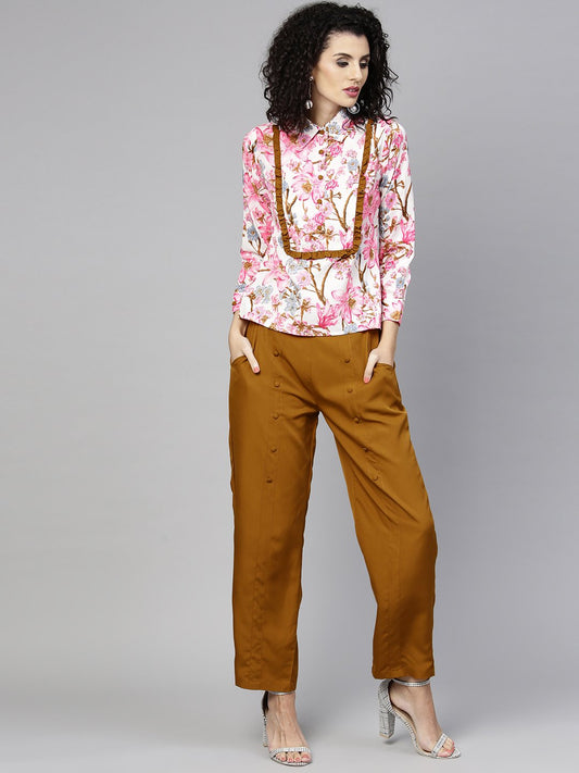 Women Pink & Mustard Yellow Printed Top With Trousers | LASVINI - Redefining Indian Fashion with Elegance
