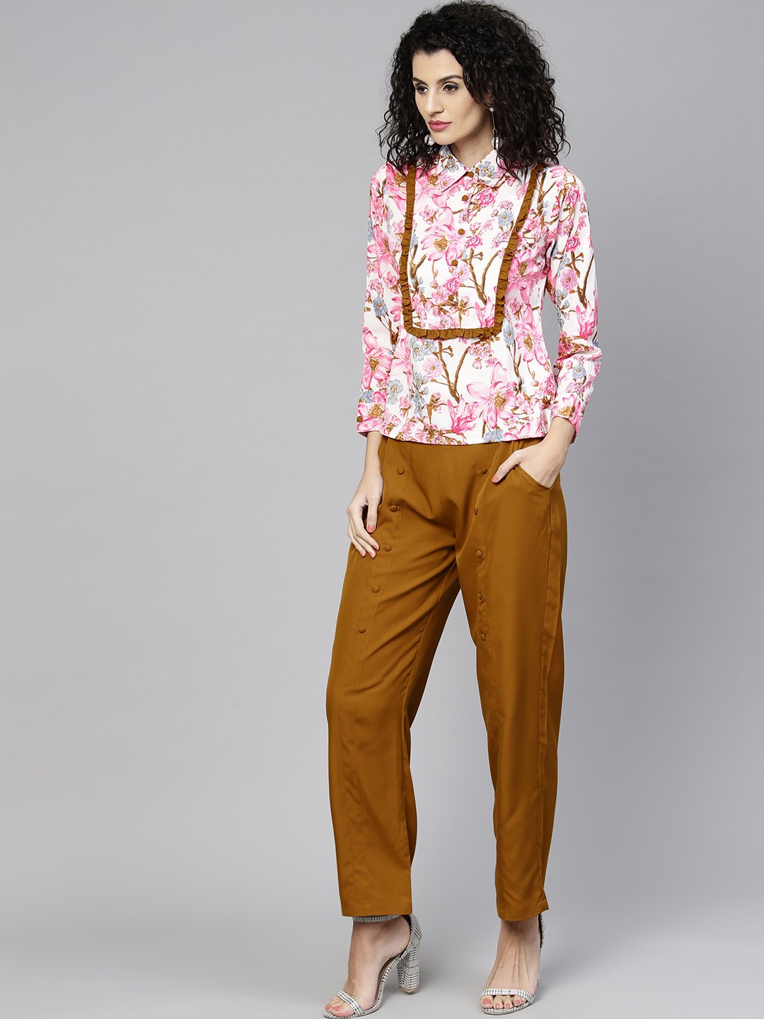 Women Pink & Mustard Yellow Printed Top With Trousers | LASVINI - Redefining Indian Fashion with Elegance